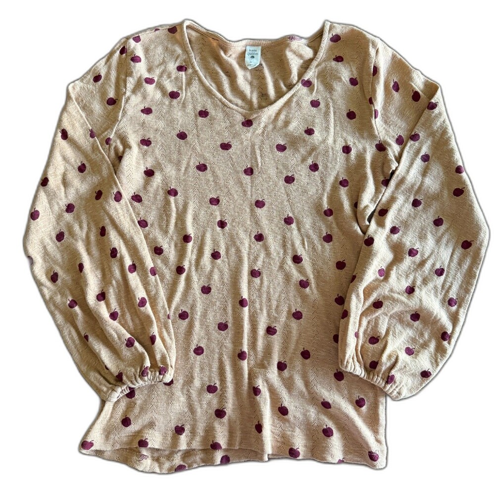 Kate Quinn Apple Print Pointelle Long Sleeve Shirt Women's Medium